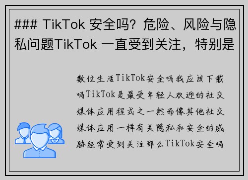 ### TikTok 安全吗？危险、风险与隐私问题TikTok 一直受到关注，特别是在安全性、潜